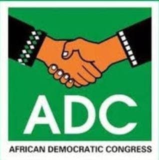 African Democratic Congress logo, with an orange handshake above ADC on a green field.